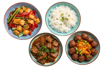 set of plates of food with meat and white rice
