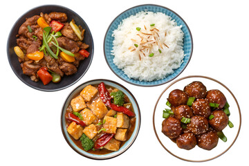 set of plates of food with meat and white rice