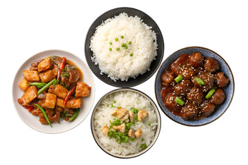set of plates of food with meat and white rice