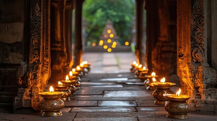 Fototapeta premium Serene Pathway with Illuminated Oil Lamps in Ancient Temple Setting