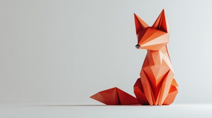 Orange origami fox sits on white background