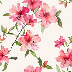 Delicate Pink Floral Pattern with Soft Green Leaves on Cream Background