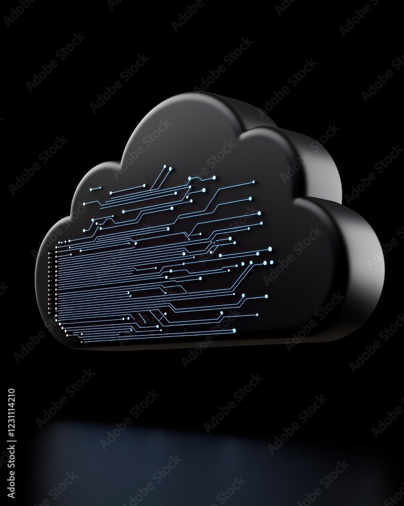 Poster a sleek black cloud symbolizing digital data flow, featuring interconnected lines representing techn