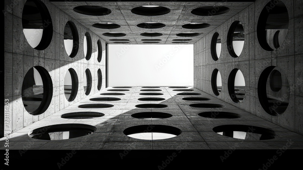 Poster concrete structure with circular openings forming a box