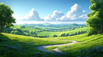 Obraz premium Beautiful green, grassy hills with trees and a winding path in the distance