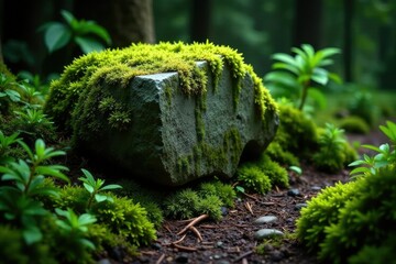 Ancient stone partially hidden by thick moss and ferns, forest floor, greenery, thick moss