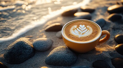 Coffee Cup with Latte Art on Sandy Beach at Sunset with Stones