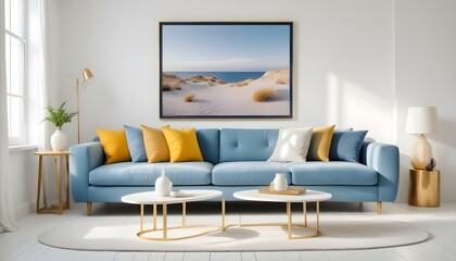 Interior mockup In a white room a blue sofa is placed next to a photo frame on the wall
