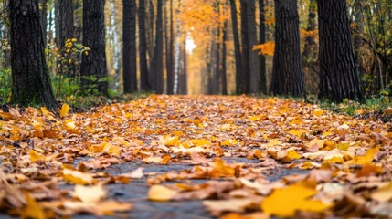 Vibrant autumn park with fallen leaves. Featuring a path covered in colorful leaves and tall trees. Highlighting the beauty of fall. Ideal for seasonal greeting cards.