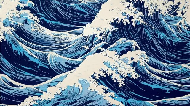 The video showcases a dynamic, artistic depiction of ocean waves in a traditional Japanese style, inspired by Hokusai, with a focus on intricate details. Overhead camera angle.