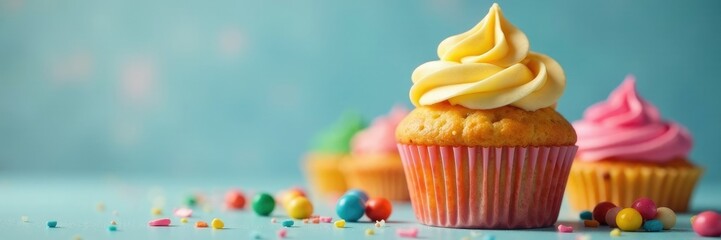 A stack of colorful cupcakes with swirly frosting on top, stack, colorful, sweet