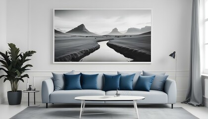 Interior mockup In a white room a blue sofa is placed next to a photo frame on the wall
