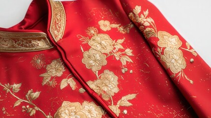 Naklejka premium red cheongsam with golden floral embroidery, displayed flat on a crisp white background