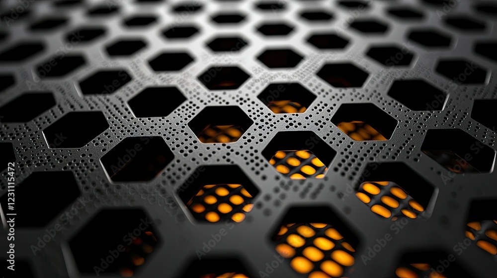 Poster abstract hexagonal metal grid pattern with orange glow