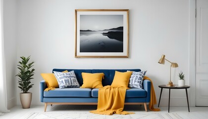 Interior mockup In a white room a blue sofa is placed next to a photo frame on the wall
