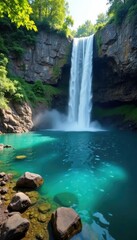 A waterfall cascading down a rocky cliffside into a crystal clear lake, lake, scenery