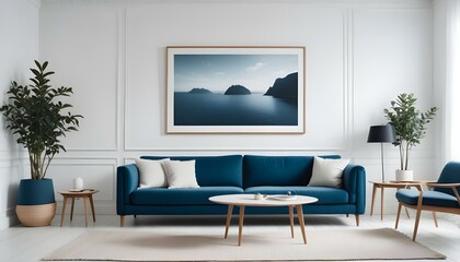 Interior mockup In a white room a blue sofa is placed next to a photo frame on the wall
