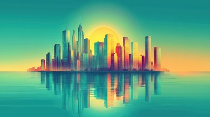 Fototapeta premium Vibrant City Skyline Reflected in Calm Water at Sunset