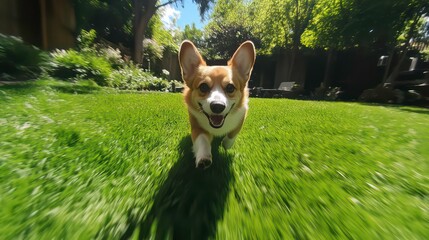 Fototapeta premium A lovely corgi dog is captured dashing towards the camera across a lush green lawn