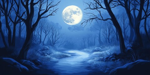 Naklejka premium Serene Moonlight Illuminates A Tranquil Forest Stream
