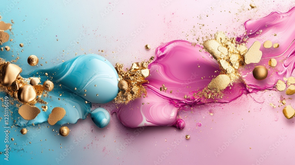 Poster colorful liquid splashing on a vibrant blue and pink background creating dynamic abstract patterns
