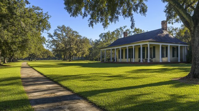 Cane River Creole National Historical Park in Natchez Natchitoches Parish Louisiana. Oakland French Creole cotton plantation. Plantation house raised creole cottage. Live Oak lined avenue.