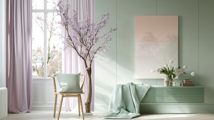 Serene Living Room with Pastel Accents and Blossoming Branch