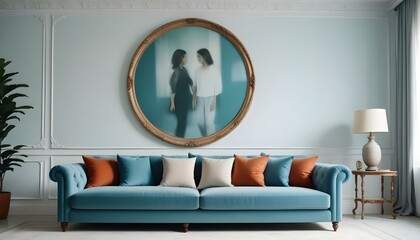 Interior mockup In a white room a blue sofa is placed next to a photo frame on the wall
