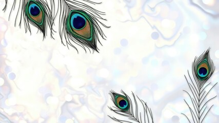 Obraz premium Shimmering peacock feathers on an iridescent mother of pearl background, peacock_feathers, *Abstract bokeh lights on dark background