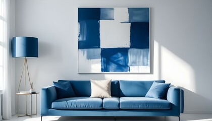 Interior mockup In a white room a blue sofa is placed next to a photo frame on the wall
