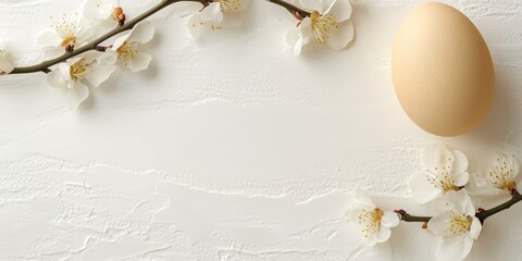 A beautifully decorated egg rests on a delicate branch adorned with white flowers, symbolizing the beauty of Easter and new beginnings.
