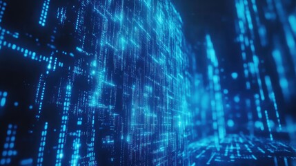 Blue background featuring lines of binary code representing digital technology and data processing