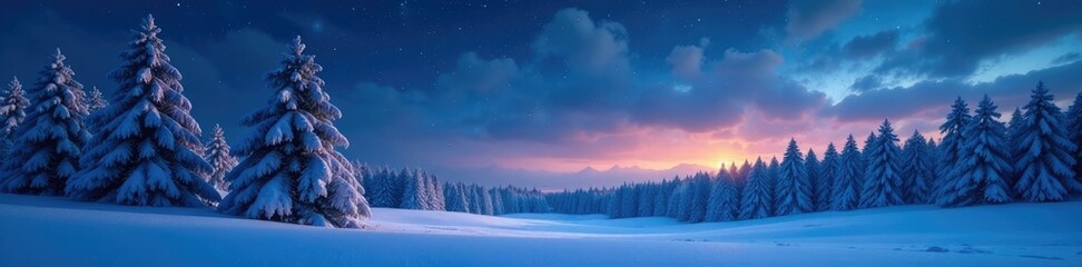 Frosty night scene with stars over snow-covered trees, landscape, snowflakes
