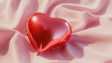 red heart-shaped balloon resting on a soft pink fabric with shimmering glitter accents