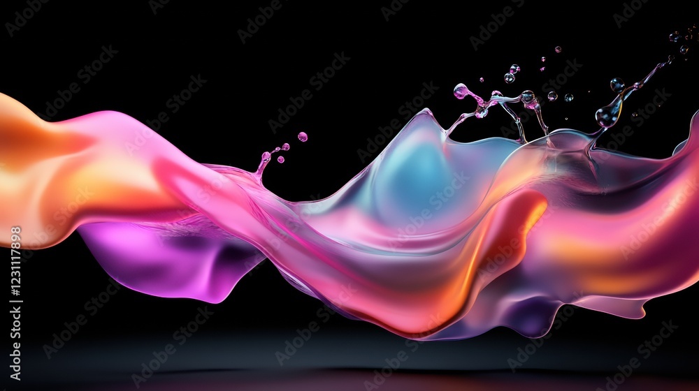 Poster colorful liquid splash creating dynamic patterns on a black background with vivid hues and textures