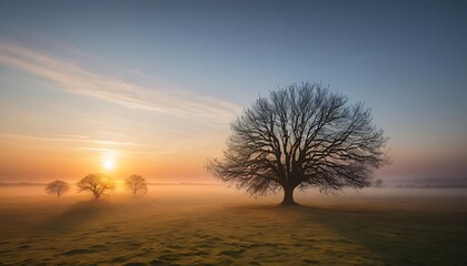 Majestic Sunrise Over Foggy Field With Silhouetted Trees