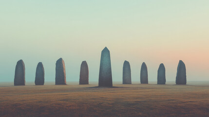 Mystical standing stones bathed in the soft light of dawn.  A serene and ancient landscape.
