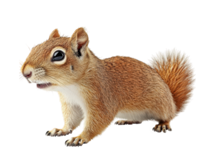 realistic squirrel with bushy tail, standing on all fours, showcasing its detailed fur and expressive features. This charming creature is often found in parks and forests