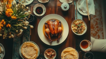 roasted Peking duck dish, served with crispy skin, pancakes, and hoisin sauce, symbolizing fidelity and happiness for the Chinese New Year feast.