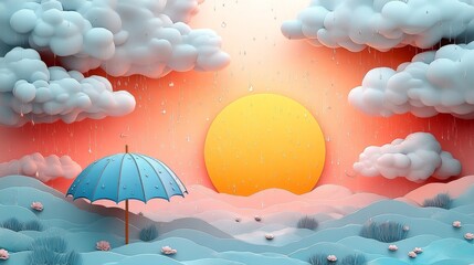Obraz premium A whimsical hand-drawn scene of a cozy rainy afternoon, pastel-colored clouds floating gently, a cheerful golden sun, and a cute blue and yellow umbrella catching rain, soft dreamy 
