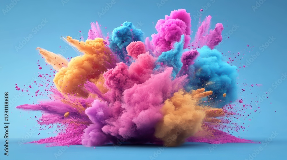Poster colorful powder explosion creating vibrant patterns against a blue background in artistic display