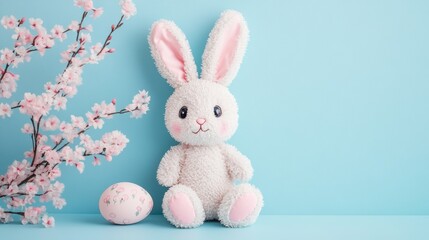 Obraz premium A soft white rabbit plush toy is placed beside a delicate pink flower, symbolizing the joy and renewal of the Easter season.