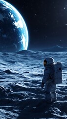 Fototapeta premium Astronaut Standing on Moon Surface with Earth View in Dark Space Atmosphere