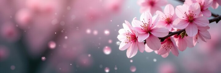 Gentle spring rain nourishes delicate pink and white cherry blossoms, pink, blossoming