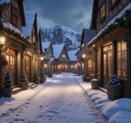 Obraz premium Snow-covered village scene with Christmas shops, snow-covered buildings, holiday decorations