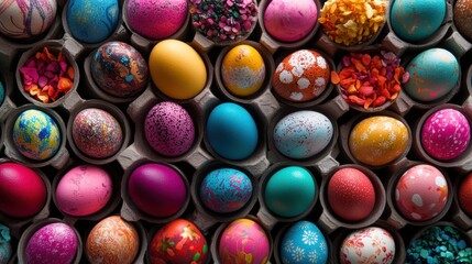 Fototapeta premium Colorful eggs arranged in a cardboard box for easter or spring celebrations