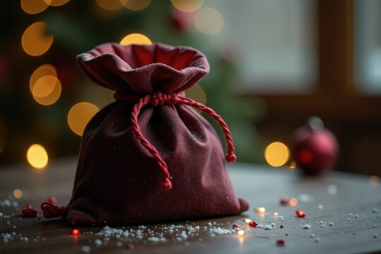Geschenk in einem dunklen Sack auf einem Tisch, korb, weihnachts