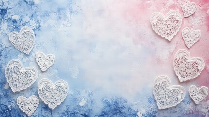 romantic background with a gentle watercolor gradient and delicate lace hearts floating across