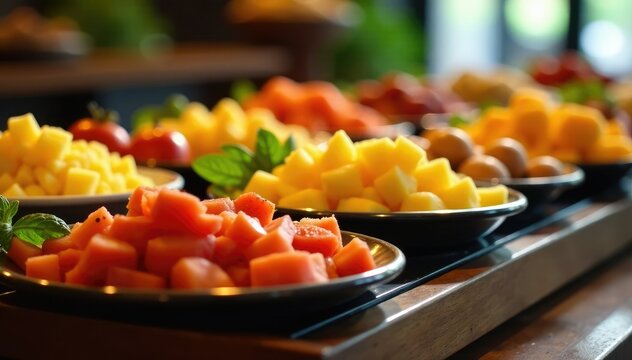 Mesa de buffet con diferentes tipos de comida, comida, frutas, alimentos