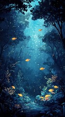 Enchanting Underwater Forest With Glowing Fish